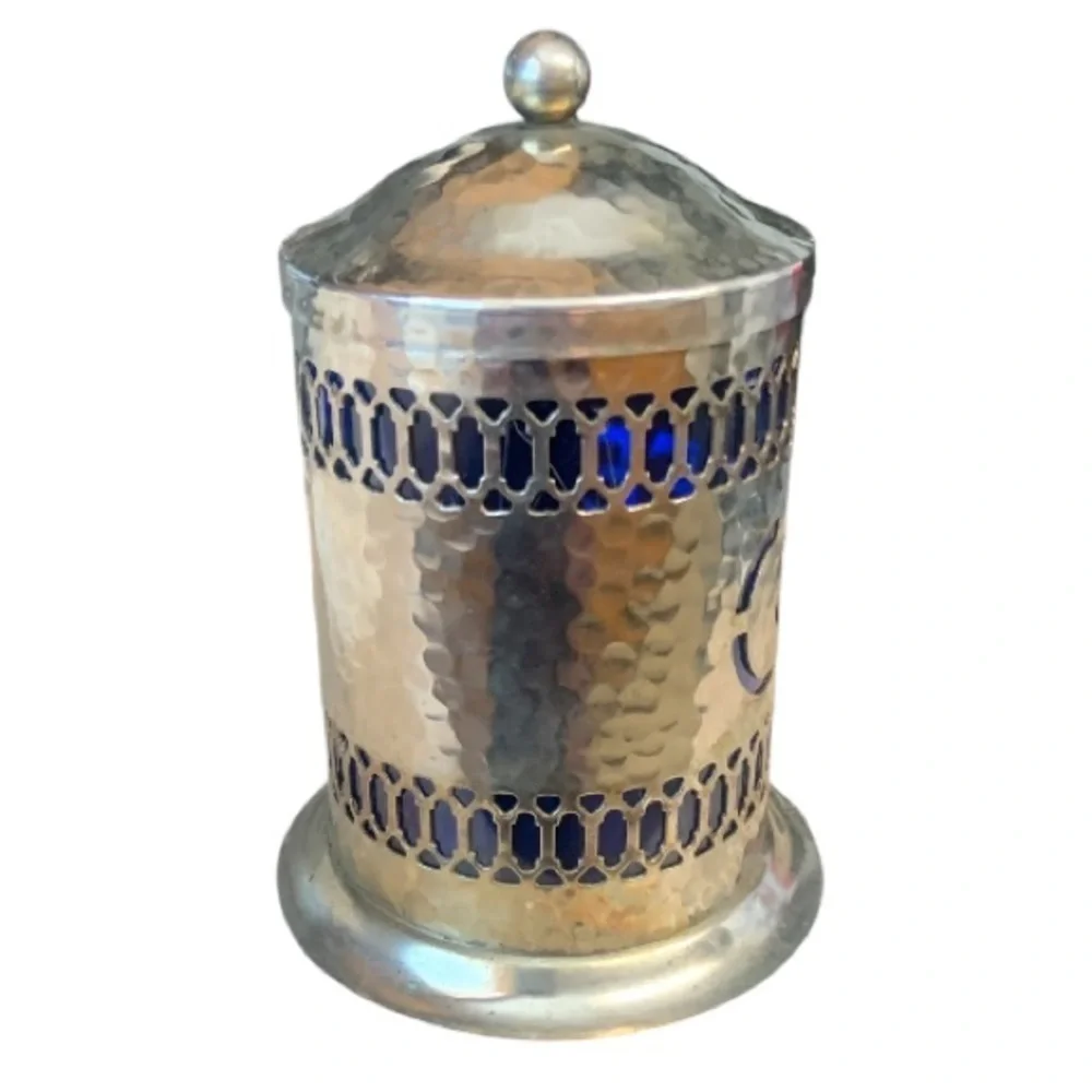 🌺VINTAGE SHEFFIELD ENGLAND SILVER PLATED COBALT LIDDED COFFEE CANISTER W/SPOON - Picture 4 of 16